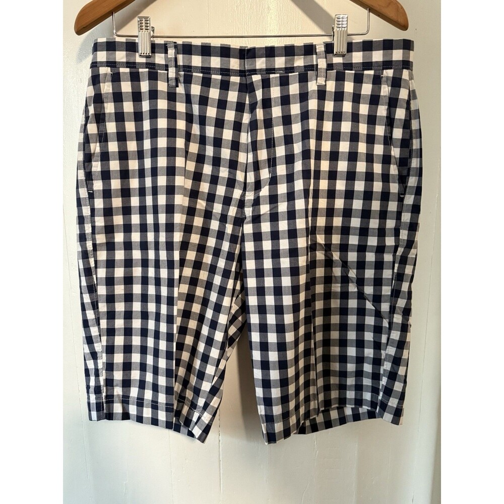 J Crew Men’s Shorts Plaid Size 34 Flat Front Navy Blue Gingham 10.5 in Inseam